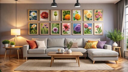 Cozy living room with various flower picture frames on the walls, home decor, interior design, cozy