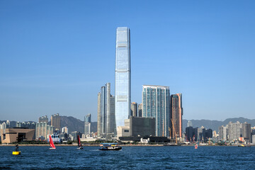 View of West Kowloon with its tall skyscrapers, Hong Kong