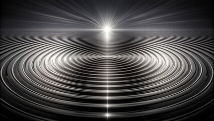 Dark monochrome background with circular quarter circle lines and radial stripe pattern depicting sound wave irradiation on water surface.