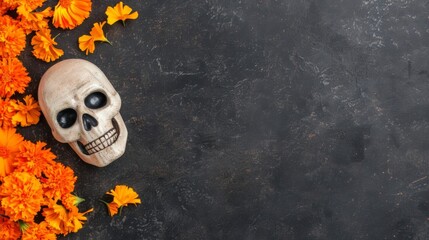 Dia De Los Muertos flower arrangements, vibrant marigold and colorful floral displays, intricate designs, cultural celebration, photorealistic style, high resolution