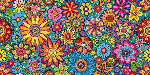 Colorful retro hippie pattern of flowers and shapes, retro, hippie, colorful, pattern, flowers, shapes, vibrant, 60s