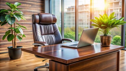 Polished wooden desk with sleek leather chair, modern laptop, and potted plant, conveying professional corporate atmosphere and success.