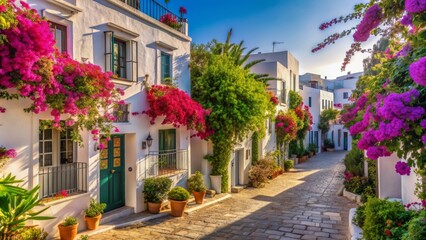 Fototapeta premium Vibrant streets of Bodrum featured white charming houses adorned with blooming curly flowers in warm Mediterranean sunlight atmosphere.