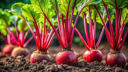 Close-up of vibrant red beetroots growing in rich, dark soil, Organic farming, Beetroot, Fresh, Healthy, Agriculture, Vegetables