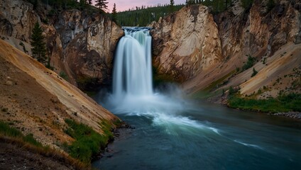 A picture of a tranquil evening by Yellowstone's majestic waterfalls ai_generated