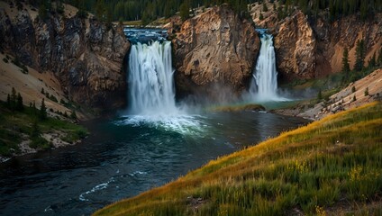 Fototapeta premium A picture of a tranquil evening by Yellowstone's majestic waterfalls ai_generated