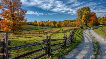 Naklejka premium Rural Road Background: Tranquil rural path meandering through fields and forests, lined by a weathered wooden fence, under a clear blue sky dotted with scattered clouds. 