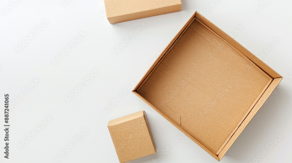 Poster mockup of brown craft paper or carton box on white background top view with clipping path high resol