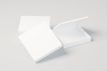 Rendering of multiple white empty pizza box with soda cup for product mockup presentation