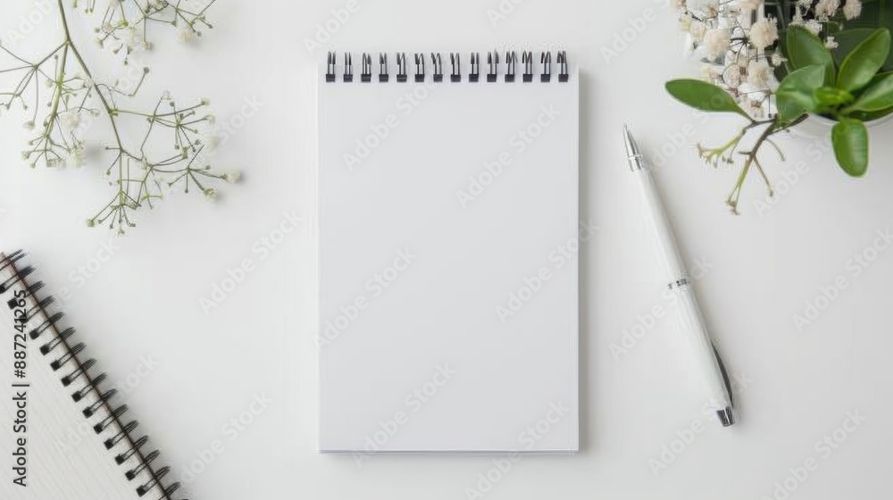 Poster white desk with empty notepad flower and pen overhead view with room for text
