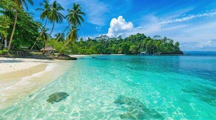 Island Lagoon Background: Tranquil tropical paradise featuring clear turquoise waters, palm-fringed shores, sandy beach, and a vibrant blue sky.
