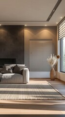 Fototapeta premium Modern living room interior with couch and fireplace, window. Mockup empty wall 