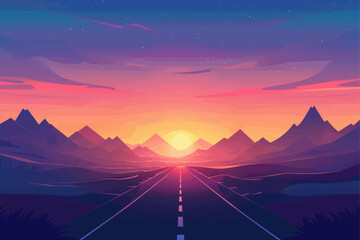 Road leading to mountains at sunset. Vibrant sky with colorful clouds.