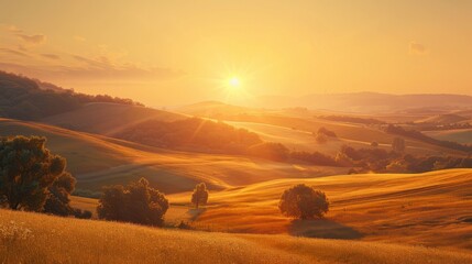 Sunrise Over Hills Background: Idyllic scene of sunrise over hills, bathed in warm golden hues, casting long shadows and creating a serene atmosphere.
