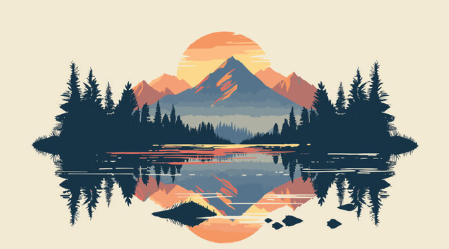 Sunset over mountains with lake reflection. Silhouetted trees frame the scene.