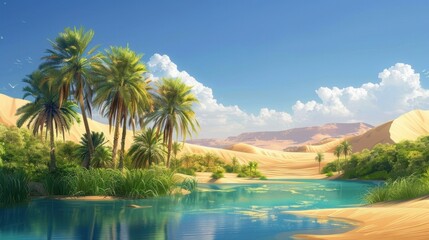 Obraz premium Desert Oasis Illustration Background: Tranquil desert scene with a lush oasis, palm trees, a sparkling blue pond, and sand dunes against a clear blue sky. 