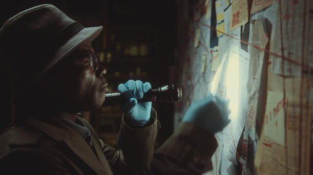 African American investigator in gloves studying evidence board with flashlight in dark room during the night, then taking newspaper page and reading article about crime