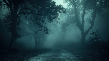 Foggy Forest Background: Obscured forest in thick fog, towering trees, and a path veiled by mist, casting an eerie and serene spell over the scene.
