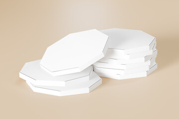 Rendering of multiple stacked octagonal pizza box on beige background for product mockup presentation