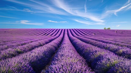 Lavender Field Background: A lush lavender field with rows of purple blooms extending to the horizon, set against a pristine blue sky.
