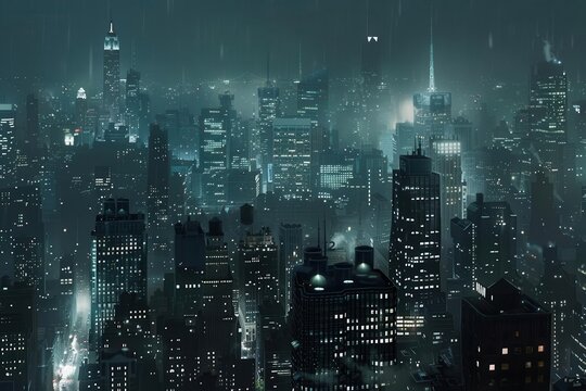 Urban Jungle. Gotham Cityscape at Night concept