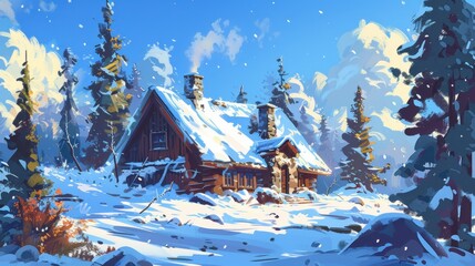 Fototapeta premium Mountain Cabin Illustration Background: Snow-covered mountain retreat, cabin smoke blending with the crisp air under a serene, azure sky. 