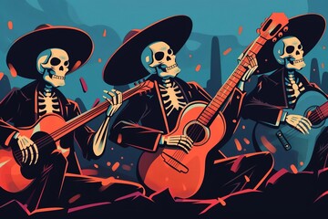 Obraz premium Dia De Los Muertos traditional music, vibrant Mariachi band playing festive songs, colorful attire, cultural celebration, lively atmosphere, photorealistic style, high resolution