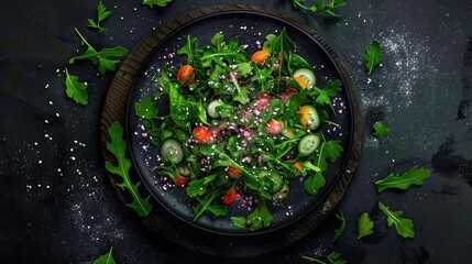 Obraz premium A vibrant, fresh mixed green salad with tomatoes, cucumbers, and arugula presented on a black background with seasoning sprinkled around.