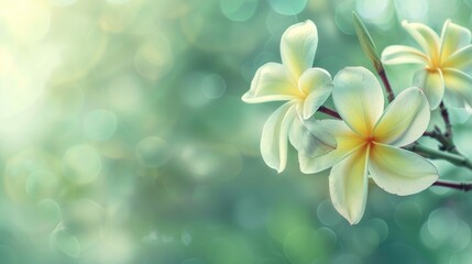 Exotic Frangipani Flower in Soft Green Blur
