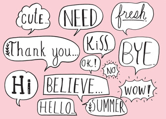 Cute vector speech bubble colorful set,Hand drawn set of speech bubbles with handwritten for book ,card, business, poster design. Vector illustration design for fashion fabrics,cute doodle