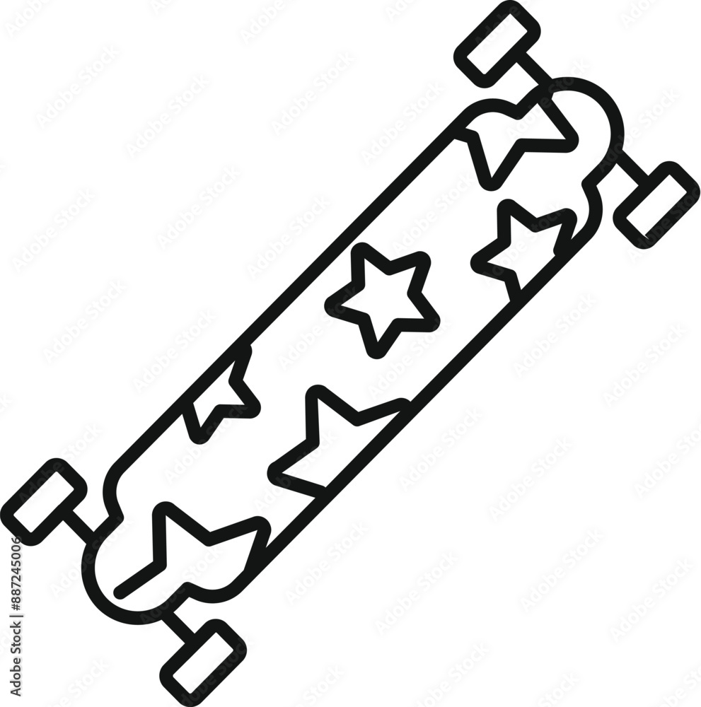 Poster simple black and white line drawing of a longboard with a starry design