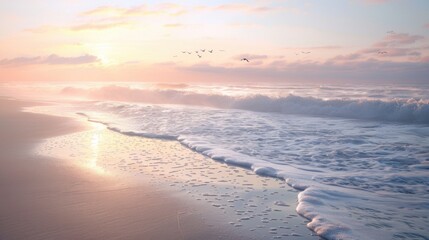 Beach at Dawn: Tranquil beach at sunrise, with soft light on sand and waves, and seabirds drifting peacefully overhead.
