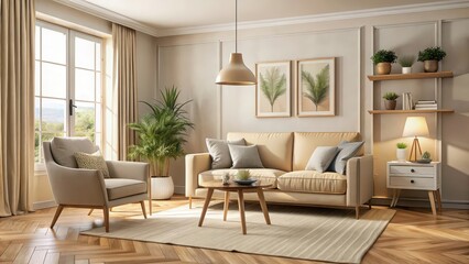 Fototapeta premium Cozy room interior with beige sofa and chair, room, interior, beige, sofa, chair, cozy, comfortable, modern