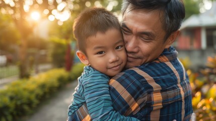 A father lovingly cradles his young son, his eyes closed as he leans in close to the boy. The sun casts a warm glow on the pair, highlighting their smiling faces