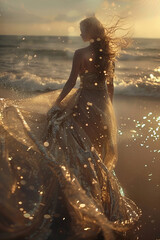 Woman dressed in a fairy dress shining and sparkling at the beach