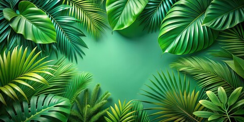Tropical palm leaves in vibrant shades of green and exotic shapes, palm leaves, tropical, foliage, green, vibrant, exotic