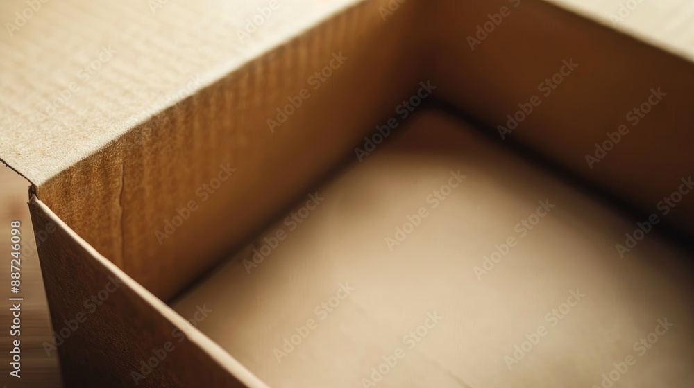 Poster macro view of an empty opened brown vintage paper box with soft focus and copy space
