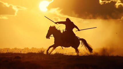 Silhouette of Warrior on Horseback with Sword Fighting in Desert Battlefield