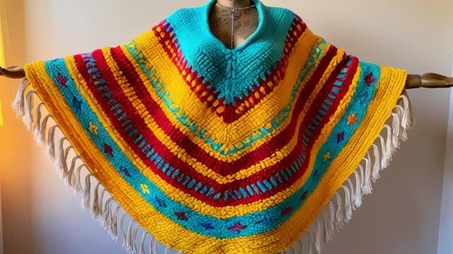a beautiful poncho with a colorful design and a comfortable fit, on a mannequin.