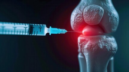 Digital rendering of knee joint with highlighted injection area, medical illustration, pain management