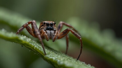 Fototapeta premium spider on a leaf, Macro view of cute spider 