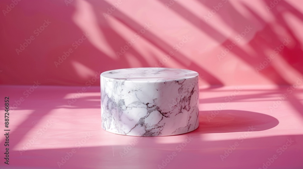 Poster white marble column display on pink background with stone podium and copy space for product presenta