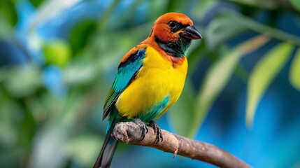 A close-up of a bird perched on a branch, displaying vibrant feathers, isolated.