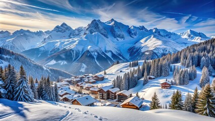 Winter high mountain landscape with ski resort in the French Alps, snow-capped peaks, pine trees, skiing