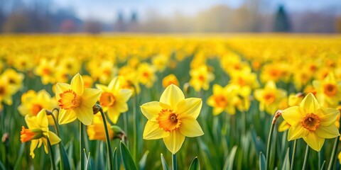 Obraz premium Wild yellow daffodils blooming in a picturesque field, spring, flowers, nature, vibrant, landscape, meadow, petals, flora