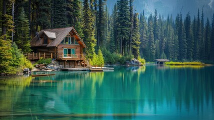 Fototapeta premium Lakeside Cabin Background: Tranquil lakeside cabin surrounded by trees, overlooking a pristine blue lake reflecting the sky, complete with a wooden dock reaching into the water. 