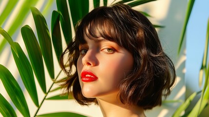 Fototapeta premium Neck-length blunt bob with forehead-skimming bangs, styled in loose.
