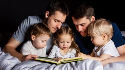 Fototapeta na wymiar Parents reading a bedtime story to their kids, all gathered.