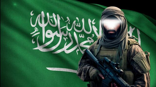 male KSA Saudi Arabian soldier holding weapon in front of KSA flag waving in the wind, in slow motion, with visible fabric texture against black background.	

