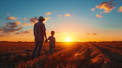Fototapeta premium A father and his young son walk hand-in-hand through a field of wheat, silhouetted against a vibrant sunset